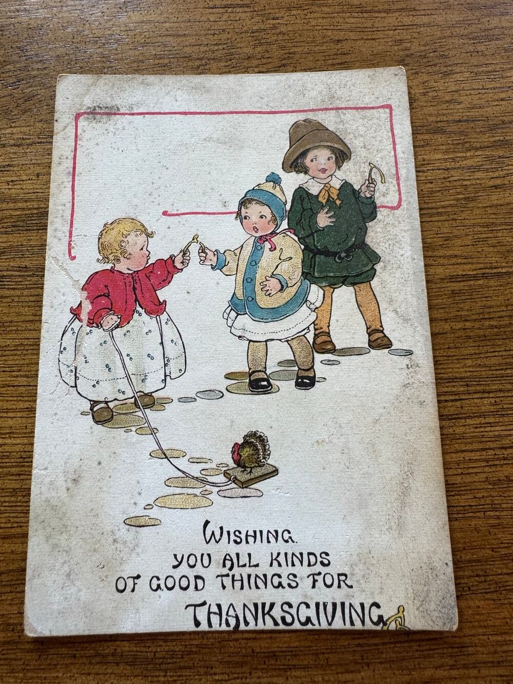 Antique Raphael Tuck Thanksgiving Postcard No 191 Children Wishbone Turkey c1913